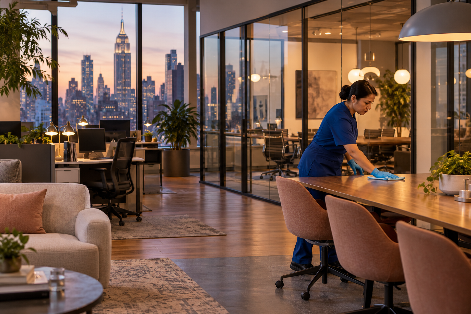 Lumaire cleaning professional caring for a modern New York office